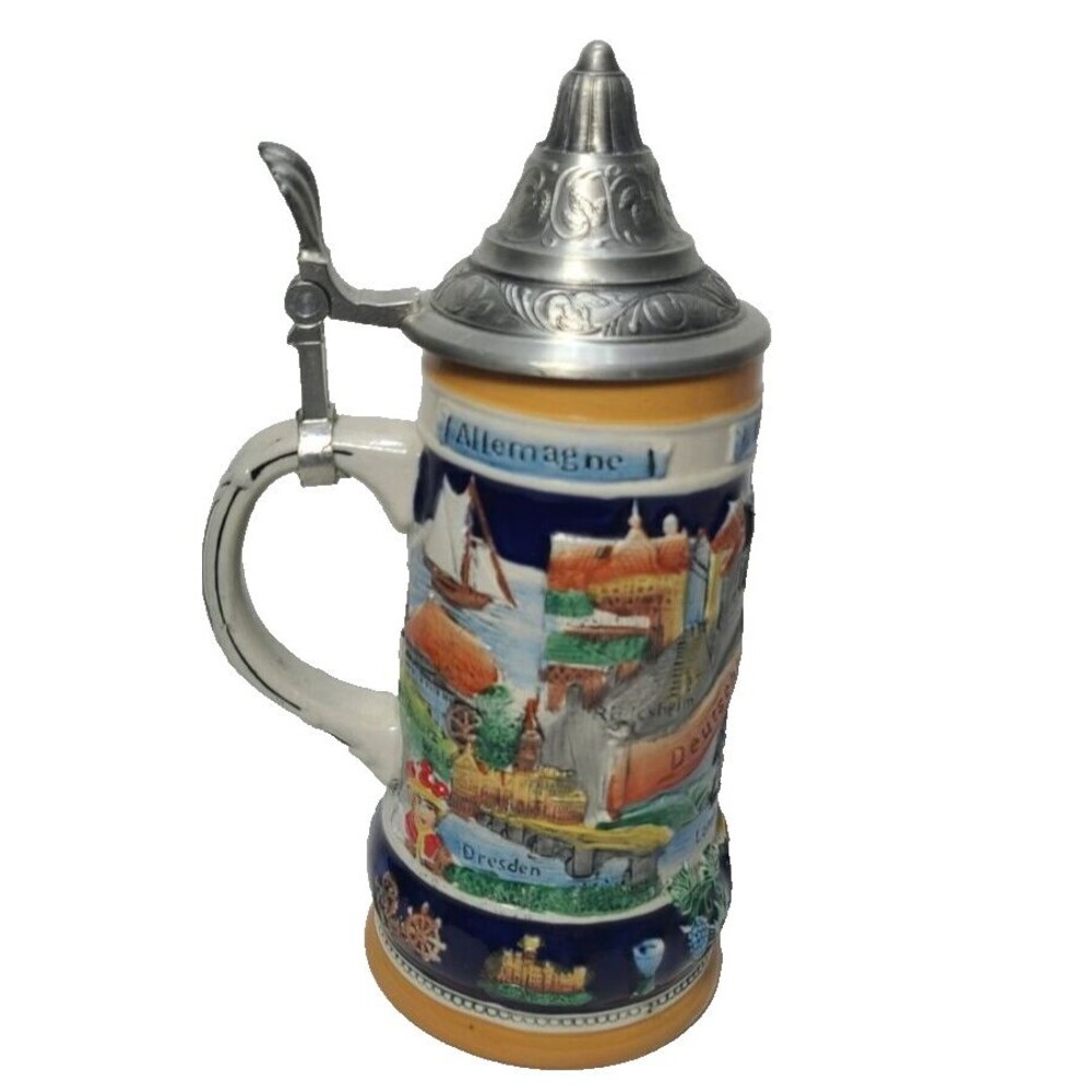 GERZ German Deutschland & Allemagne Beer Stein with Pewter Lid 250ml
